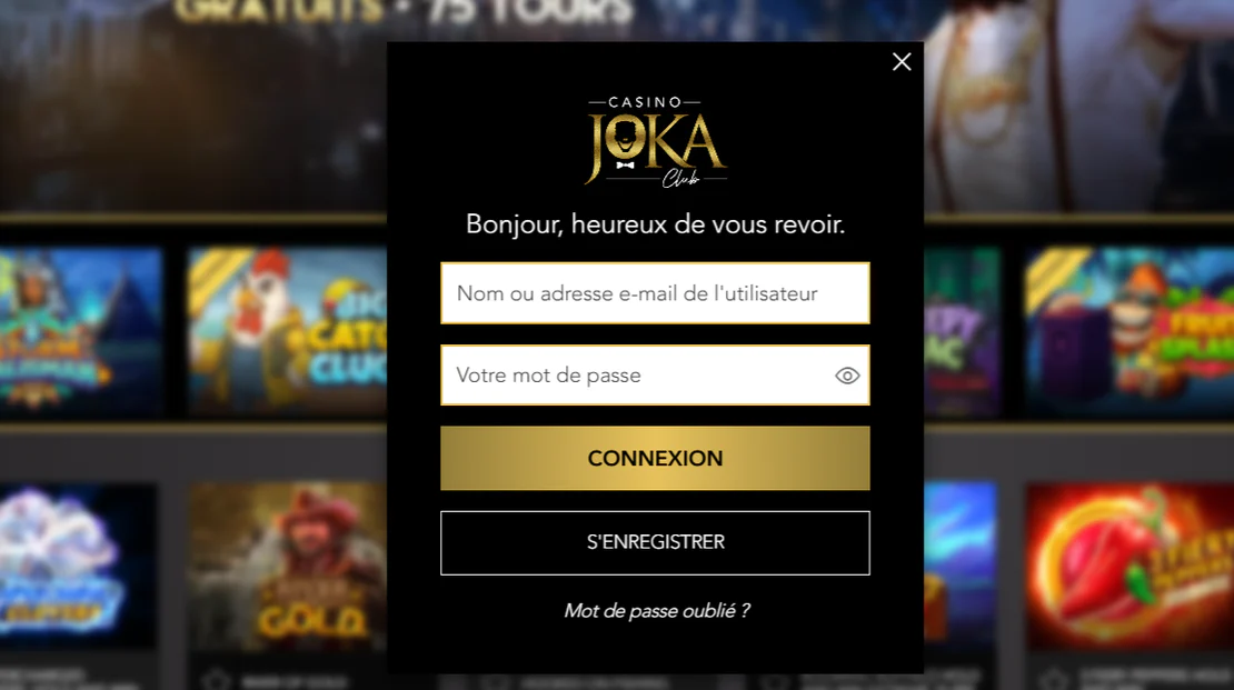 Casino Joka Club formulaire de connexion avec identifiant, mot de passe, bouton de connexion, inscription et récupération du mot de passe